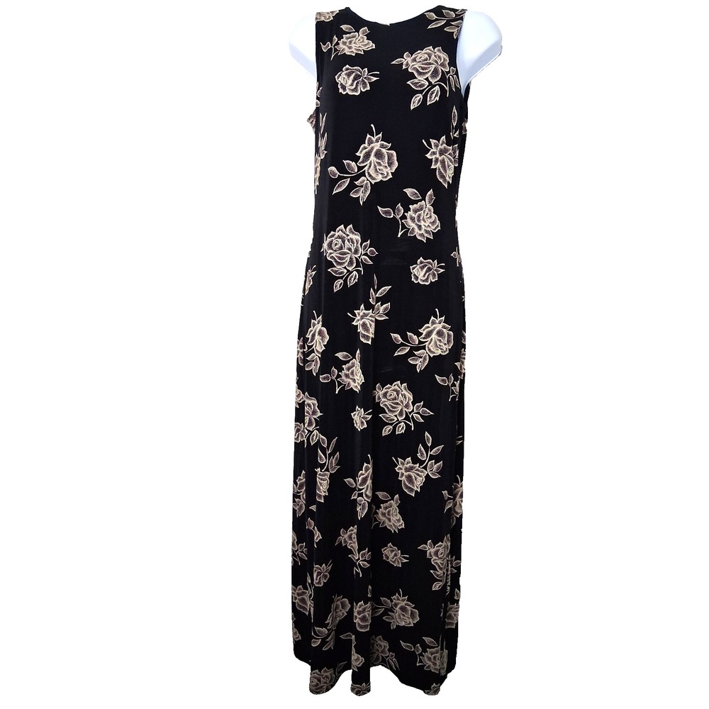 Vintage Black Floral Maxi Dress‎ Sleeveless Size Medium Dark Romantic Whimsigoth